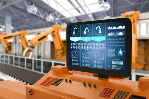 Línea de montaje con robot colaborativo en entorno de pruebas Producción industrial inteligente controlado la cadena de fabricación de productos